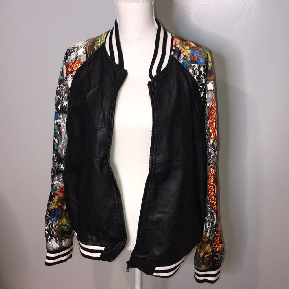 Plus Pleather Bomber Jacket With Abstract Sleeves… - image 1